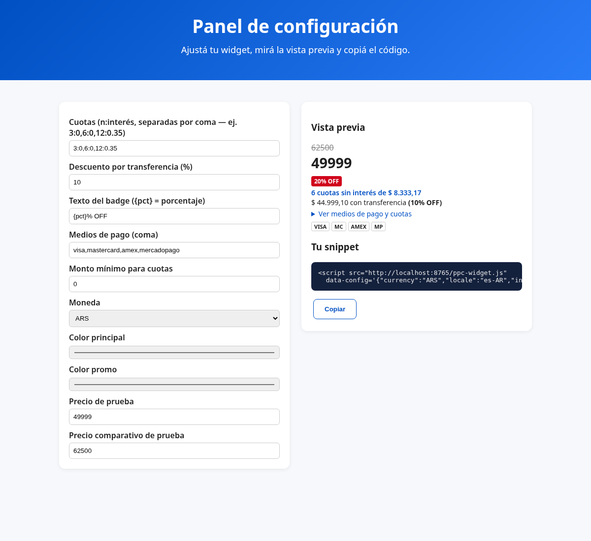 Panel de configuración con vista previa y snippet